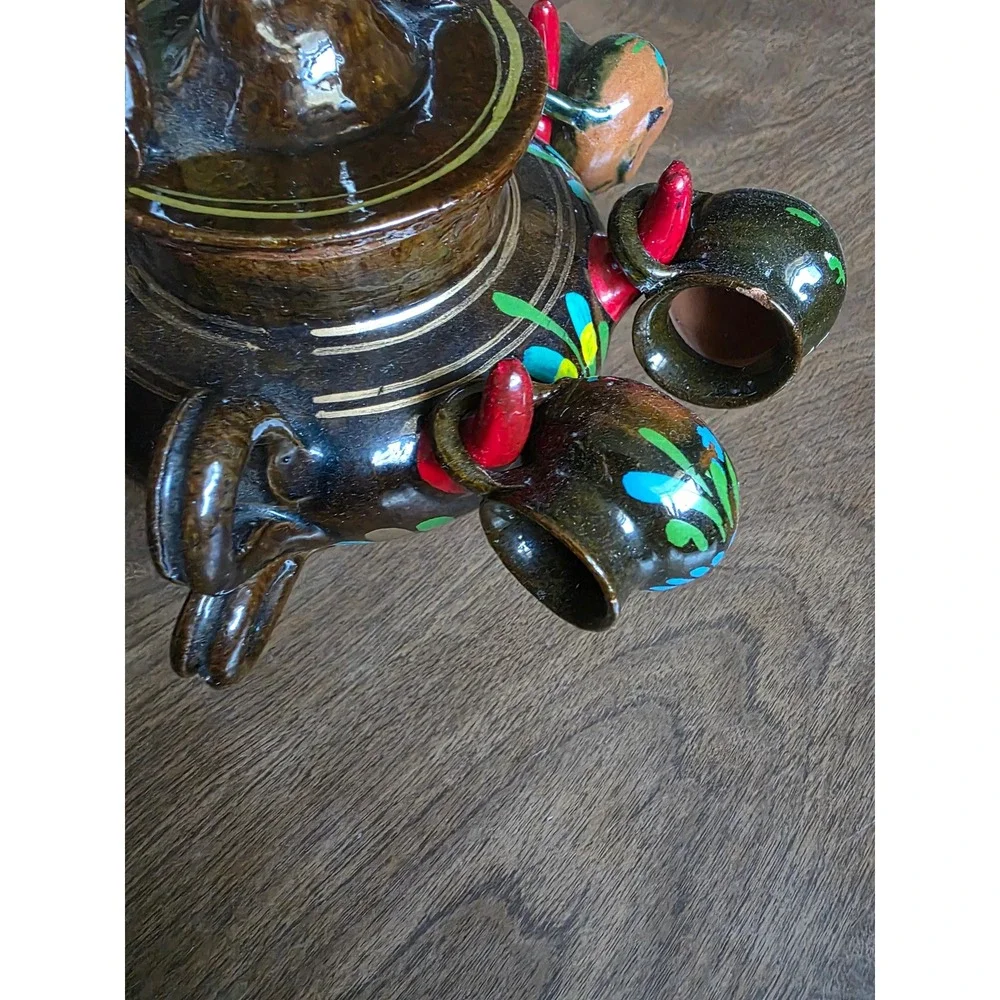 Mexican Folk Art Pottery Tequila Set Hand Painted Floral Glazed Brown 8pc decor